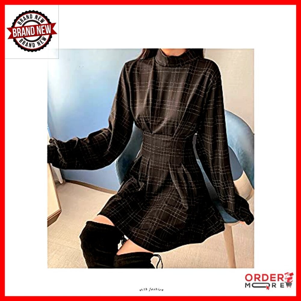 Long Sleeve Mini Dress Plaid Wrap Pleated Punk Gothic Vintage Style - Picture 2 of 7